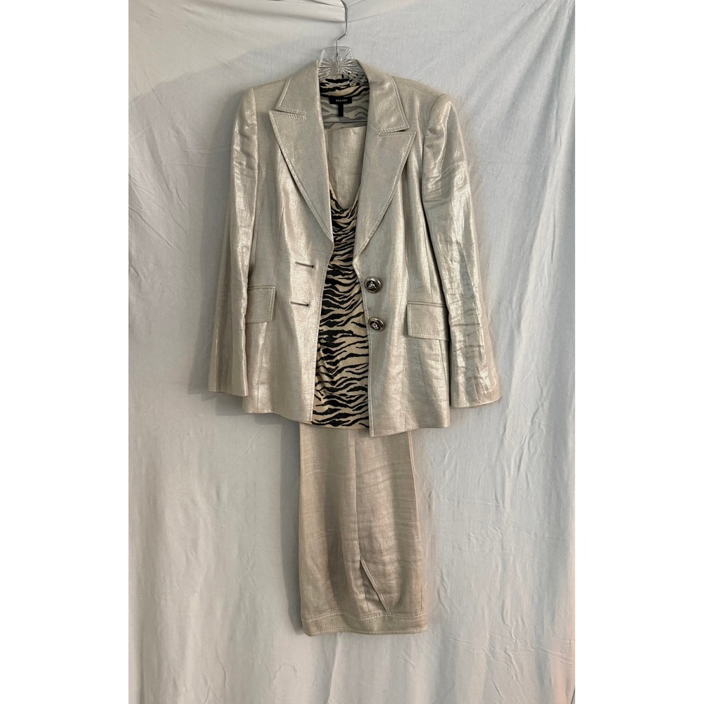 Escada Metallic Champagne Linen 3 Piece Suit Blazer Pants Tiger Print Top Sz 36